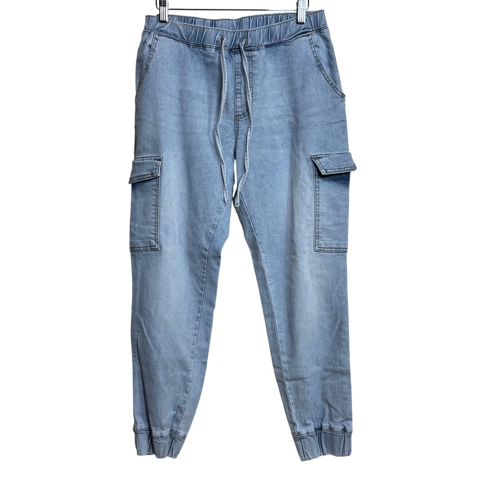 Almost Famous Womens Light Wash Denim Cargo Joggers Light Blue Size L
